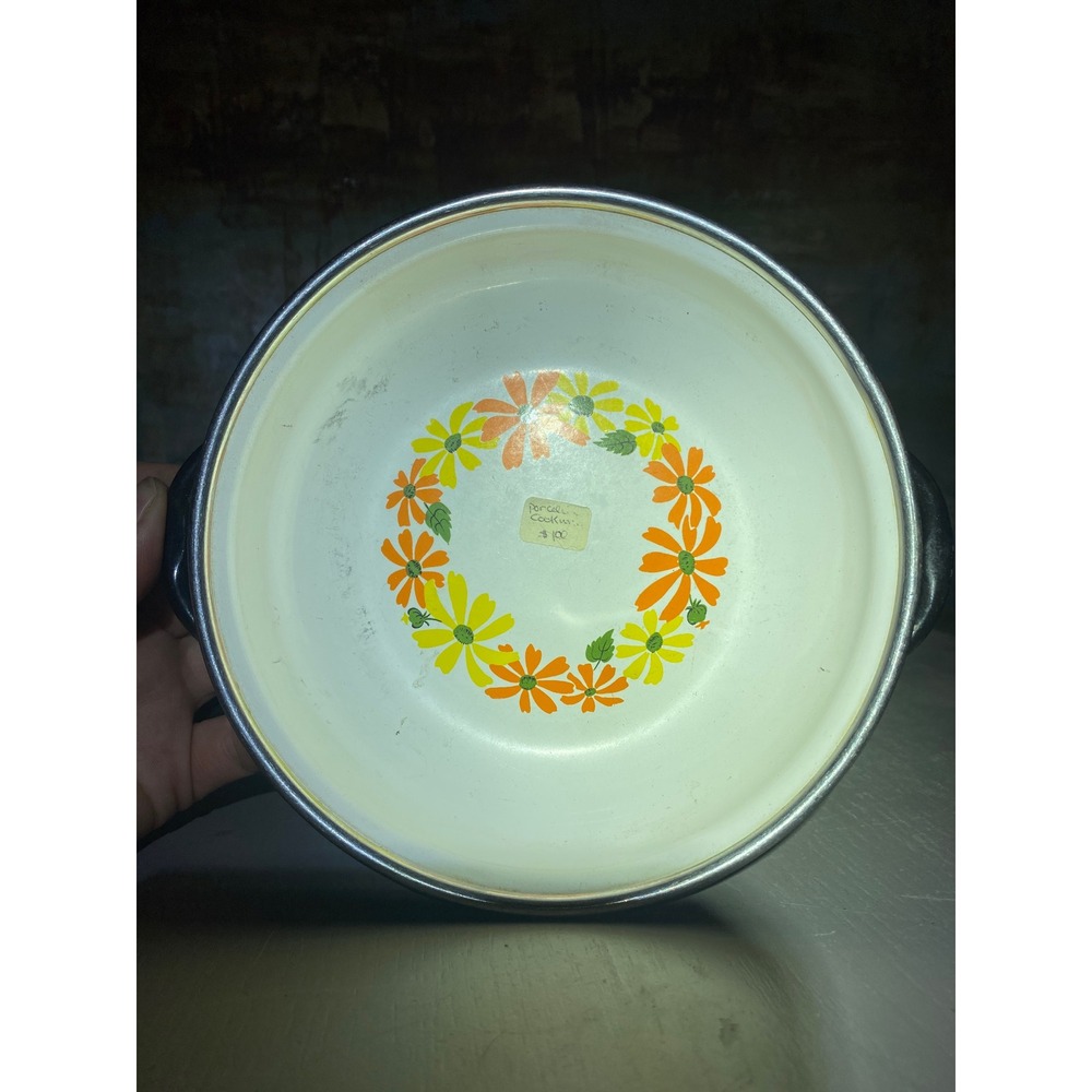 Ekco Country Garden Vintage Porcelain Clad‎ Pan Italy Floral Daisy Black White